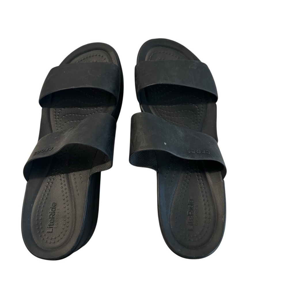 Crocs by LiteRide Women’s Black Brooklynn Mid Wedge Sandals Sz W10 GUC